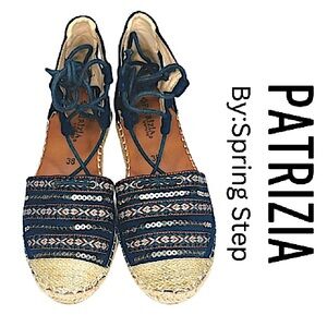 Patrizia Spring Step Blue Suede Lace Up Embroidered Sequined Espadrilles Size 38